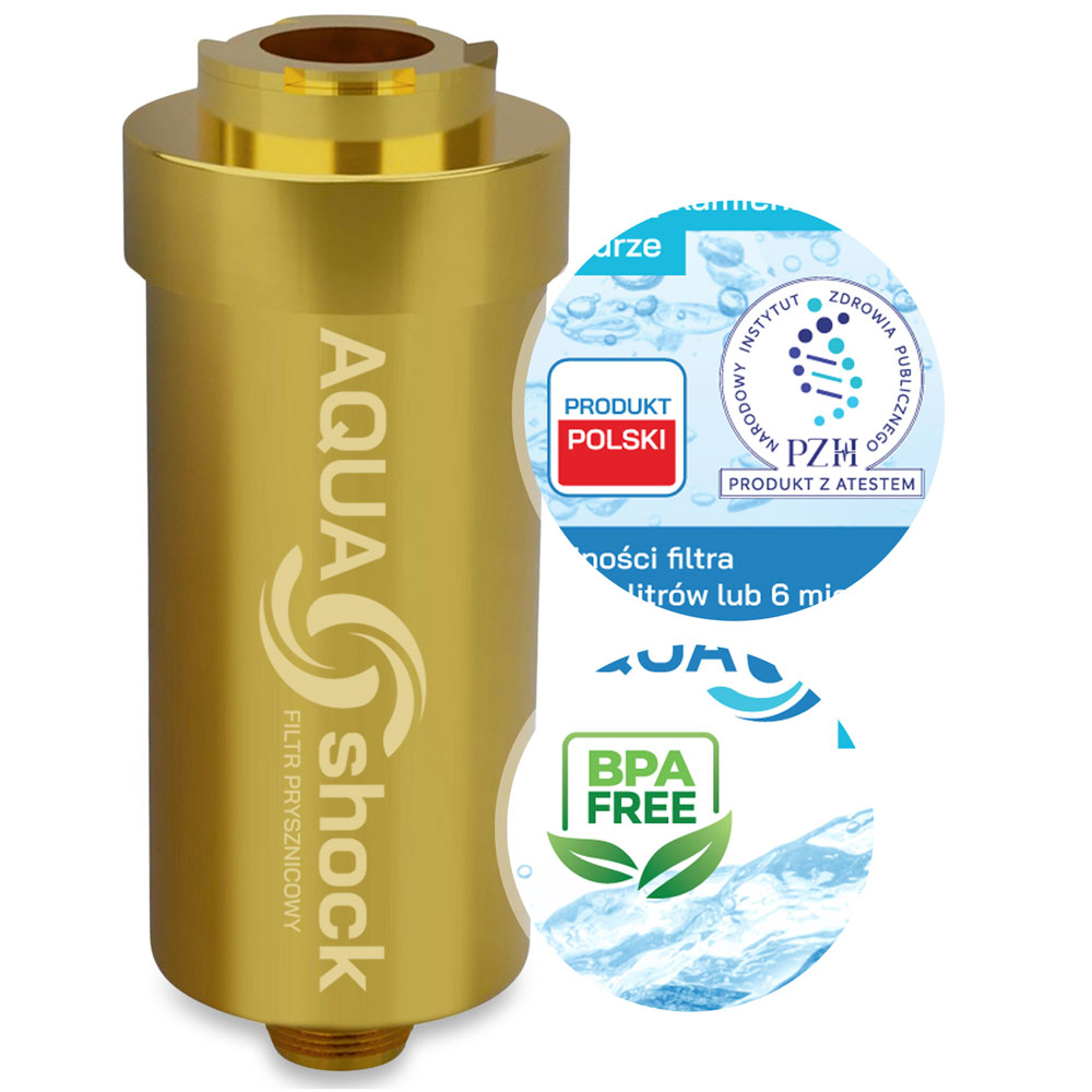 filtr do wody prysznicowy AQUA shock złoty pod prysznic