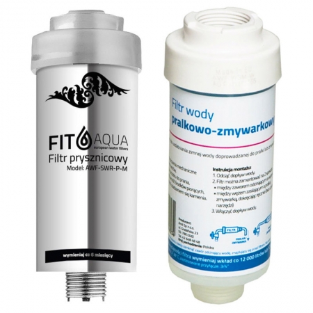 Filtry Wody FITaqua: prysznicowy AWF-SWR-P-M Chrom Srebrny + Pralkowy AWF-WSM
